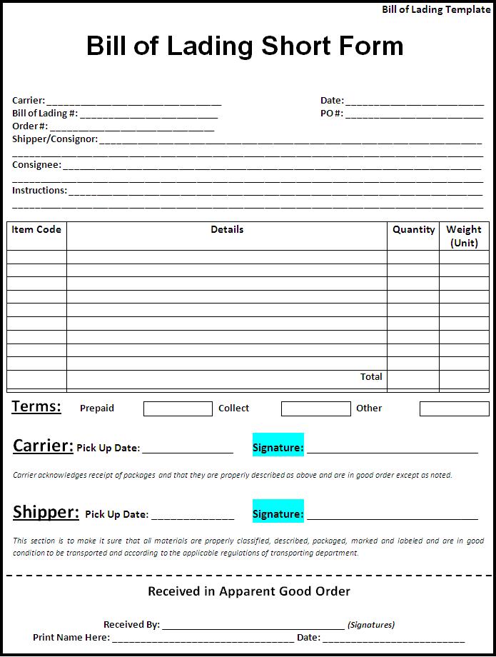 Fillable Bill Of Lading Template Excel - 2023 Template Printable
