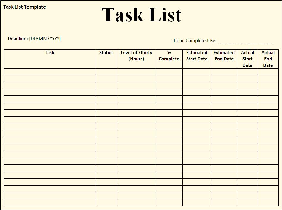 Task List Template Free Formats Excel Word