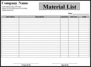 Building Material List Template from www.samplestemplates.org