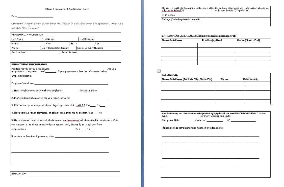 blank employment application form template