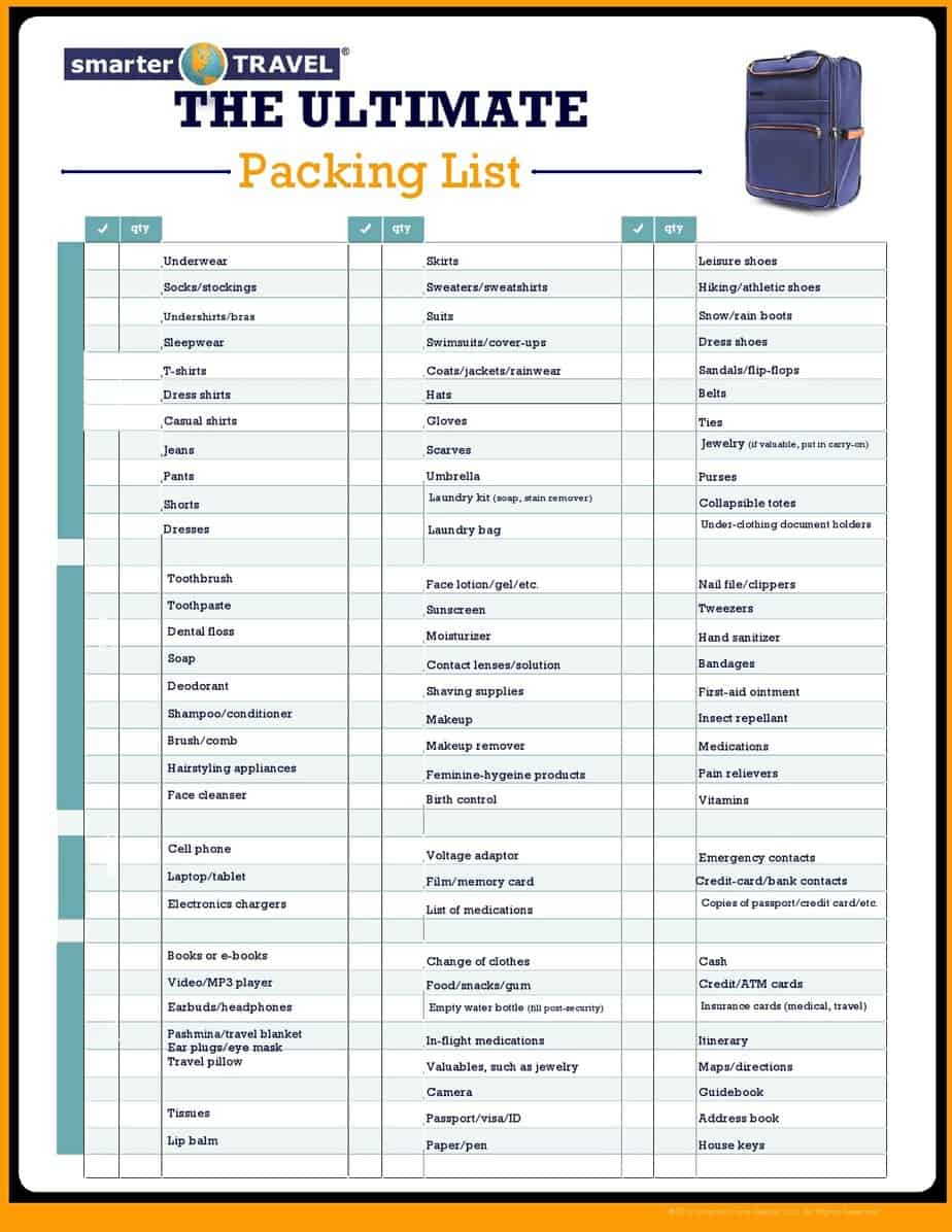 travel packing list excel